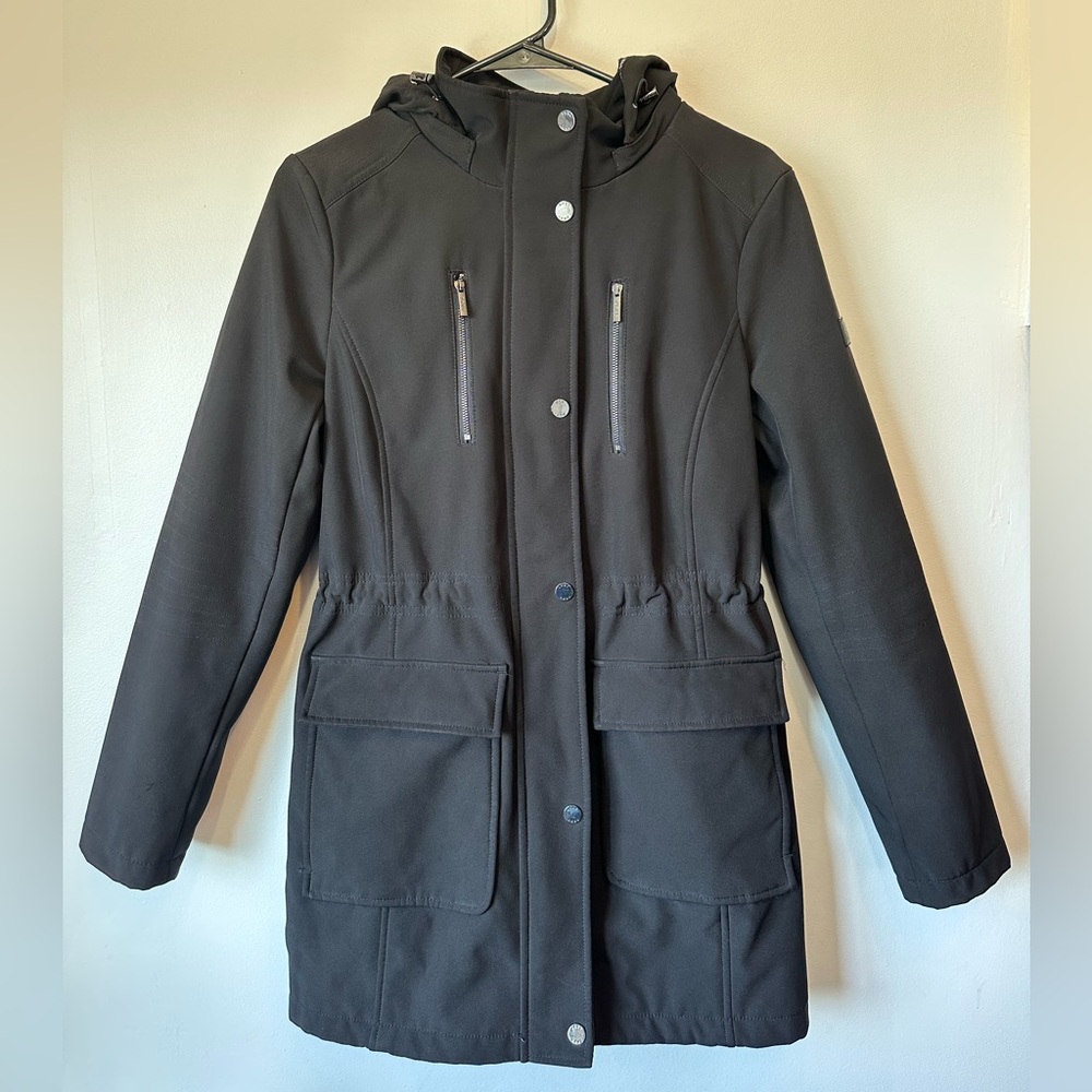 DKNY Women's Long Black Jacket Removable Hood Size Small